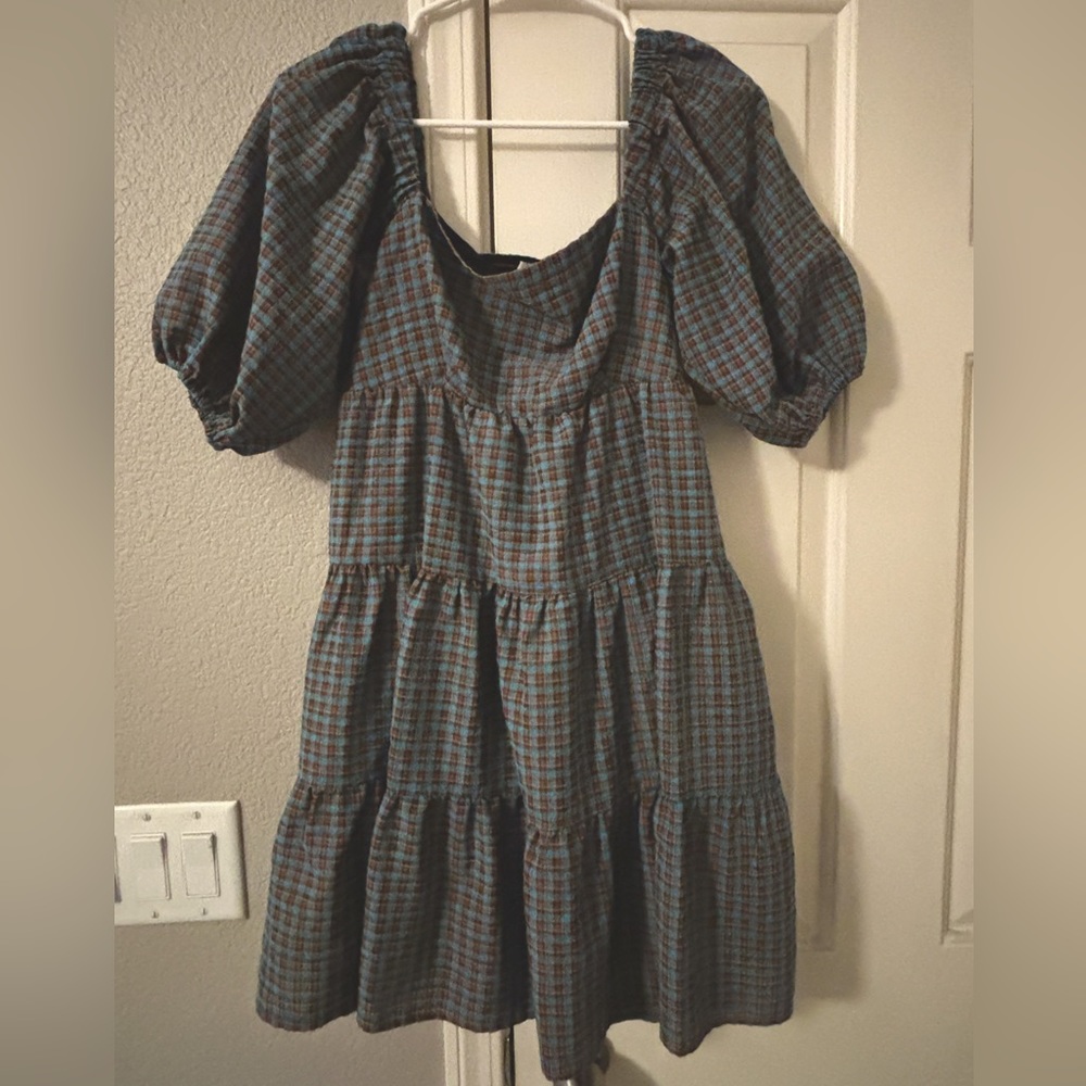 Adorable Teal and Brown Plaid Puffy Sleeve Dress - WAYF Brand, Women’s Small